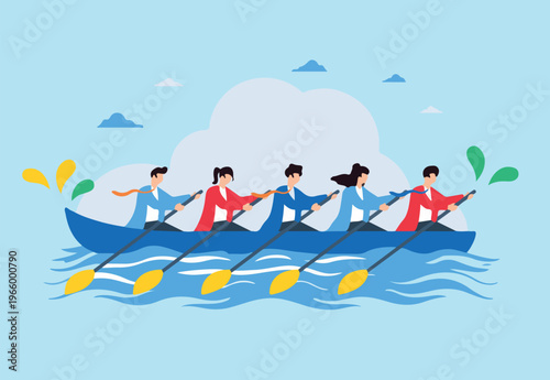 Flat illustration of employees rowing boat in unison, representing teamwork and synergy