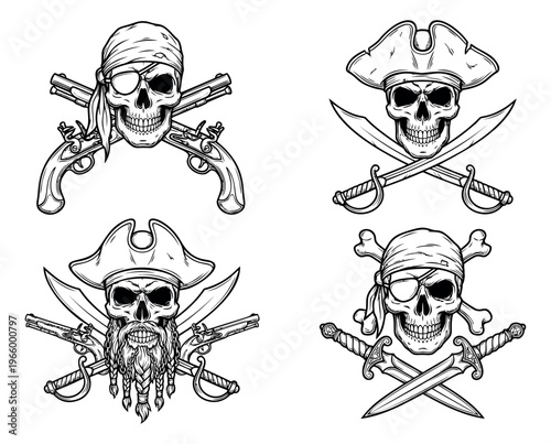 Engraving icon set of 4 pirate skulls featuring crossbones, swords, pistols and captain hats for tattoo and adventure design