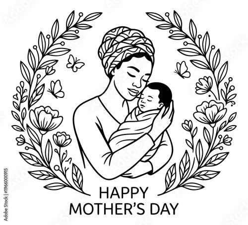 Line art illustration of a mother holding a newborn baby depicting tender maternal love surrounded by floral wreath for Mother's Day greeting design