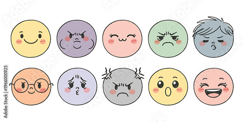 Set of doodle emojis. Funny, happy, sad, angry, crying and scared emoticons. Cute people facial expression icons. A collection of simple face stickers drawn with pencil lines in a circle