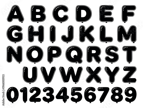 Balloon style font set of 36 black inflated letters and numbers featuring complete alphabet and digits for party and celebration design