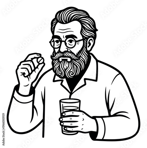 Woodcut illustration of bearded man depicting taking medication with pill and water glass for healthcare design