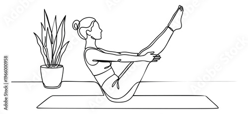 Line art illustration of a woman practicing pilates depicting boat pose balance exercise for fitness and wellness design