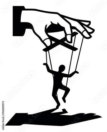 Silhouette illustration of puppet master hand controlling person depicting manipulation and power concept for business and social design