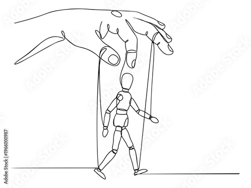 Line art illustration of a hand controlling a puppet depicting manipulation and power concept for business and psychology design
