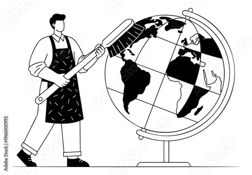 Outline illustration of a worker cleaning a globe depicting global maintenance and environmental care for business design