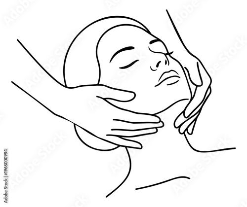 Line art illustration of facial massage depicting relaxation treatment with hands on face for beauty and spa design