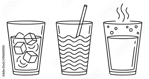 Outline icon set of 3 drinks featuring iced beverage, cold drink with straw and hot steaming glass for food and beverage design