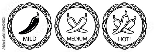 Outline icon set of 3 chili pepper heat level badges featuring mild medium and hot spice ratings for food and menu design