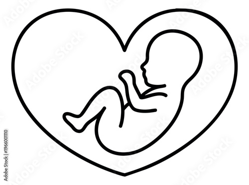 Line art illustration of a fetus inside a heart shape depicting prenatal love and pregnancy care for maternal health design