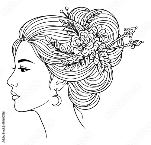 Line art illustration of a woman in profile depicting an elegant updo hairstyle with floral ornaments for beauty and fashion design