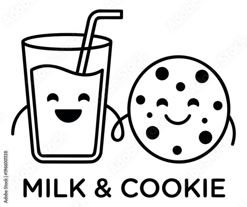 Cartoon illustration of milk glass and cookie characters depicting cute kawaii friends holding hands for food and beverage design