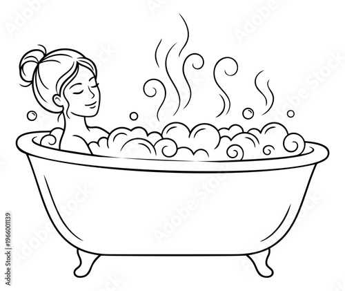 Line art illustration of a woman relaxing in a bubble bath depicting self care and spa wellness for beauty and lifestyle design