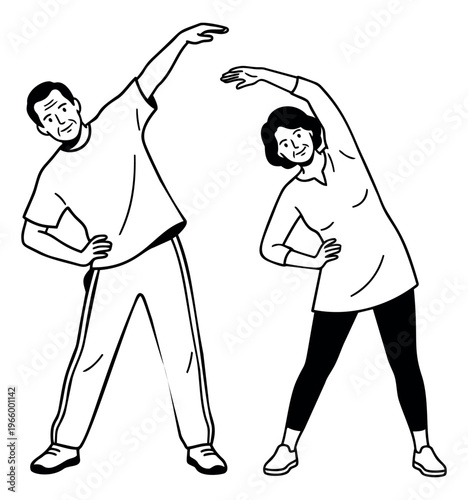 Cartoon illustration of two seniors doing side bend stretching depicting active aging and fitness exercise for health and wellness design