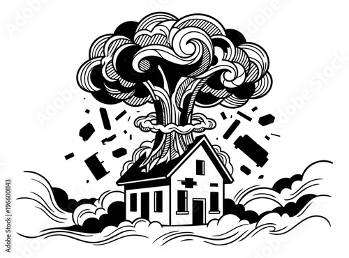 Woodcut illustration of exploding house depicting destruction and disaster for insurance and emergency design