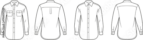 Technical fashion sketch of long sleeve button up shirts, front and back views, garment design, apparel illustration, style