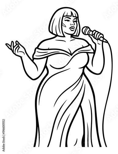 Line art illustration of a plus size woman singer depicting performance with microphone for music and entertainment design