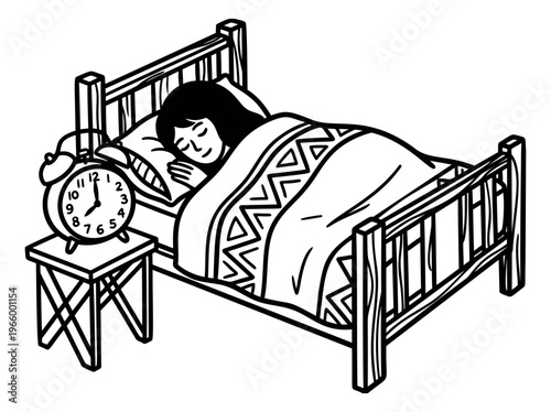 Cartoon illustration of a woman sleeping in bed depicting restful sleep with an alarm clock on a nightstand for health and lifestyle design