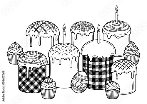 Outline illustration set of Easter kulich cakes cupcakes and decorated egg featuring candles and icing drips for holiday coloring page design