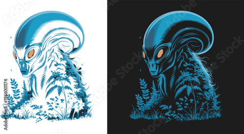 Alien Extraterrestrial Double Exposure with Cannabis Leaves and Nature Illustration, Flat Style Graphic