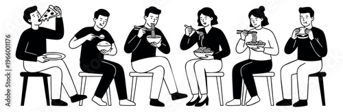 Outline illustration of 6 people sitting and eating various foods depicting diverse dining scenes for food and lifestyle design