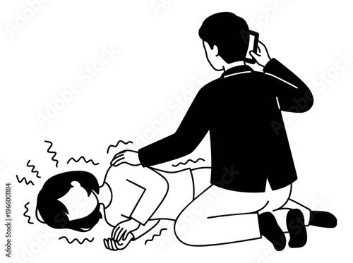 Line art illustration of person having seizure depicting bystander calling emergency services for medical and first aid use