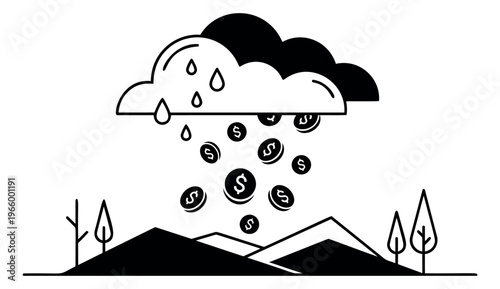 Outline illustration of money rain depicting coins falling from storm clouds over mountains for finance and business design
