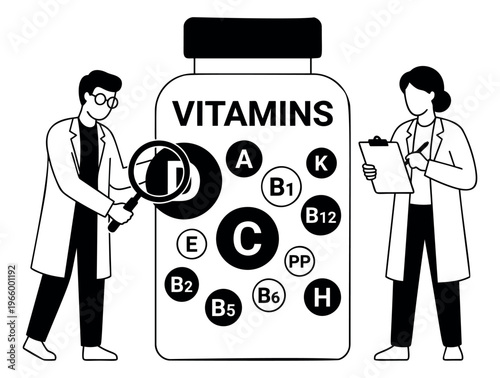 Flat illustration of doctors examining a large vitamin supplement bottle depicting medical research and nutrient analysis for healthcare design