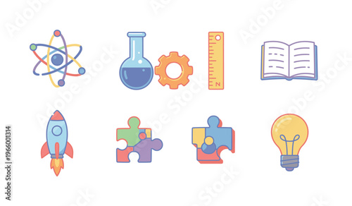 Colorful icons representing science and education.