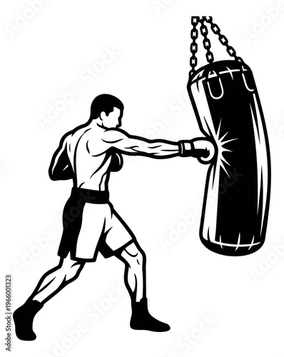 Woodcut illustration of a boxer striking a heavy bag depicting combat sports training for fitness and martial arts design