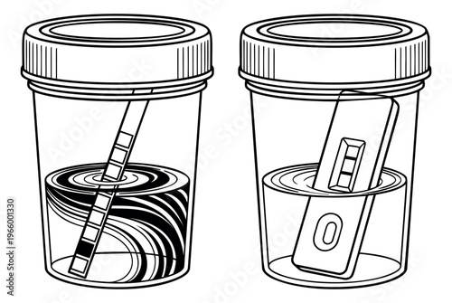 Line art illustration set of 2 urine drug test containers depicting positive and negative screening results for medical and laboratory design
