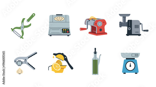 Collection of kitchen tools and gadgets for food preparation.