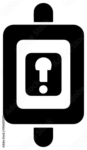 Solid black filled icon of circuit breaker fail safe with exclamation mark on white background for safety and technology concepts