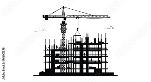 A black silhouette depicts a construction site with a tall crane unfinished building and workers silhouette high quality professional detailed modern