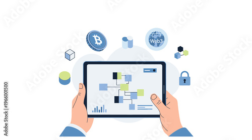 Hands holding a tablet with digital icons.