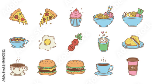 Colorful illustrations of various food and drink items.