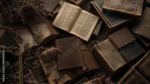 Photography Antique Books Scattered with Dried Flowers Old Manuscripts Nostalgic M