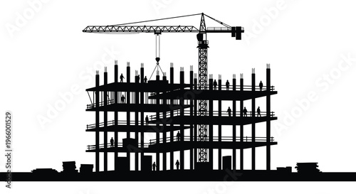 A construction site featuring a tall crane and a multi story building under construction depicted in silhouette high quality professional detailed modern