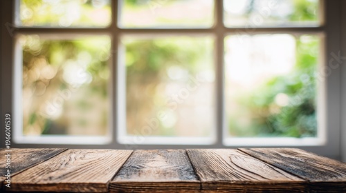 order. Minimalist close-up of a wooden table with a softly blurred kitchen wi...