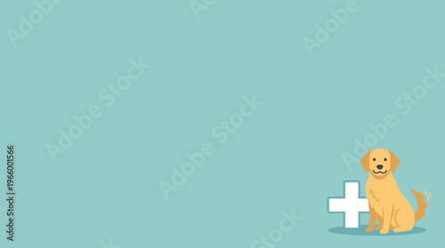 Illustration of a charming golden retriever dog sitting calmly beside a prominent health cross, symbolizing comprehensive pet wellness and veterinary care