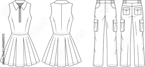 Technical fashion sketch of pleated dress and cargo pants, garment construction blueprint, sewing design, apparel illustration, vector template
