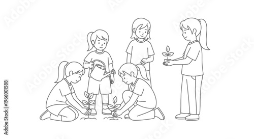 Minimalist line art of children planting saplings, group of young girls gardening together, kids watering plants in nature, eco-friendly education vector