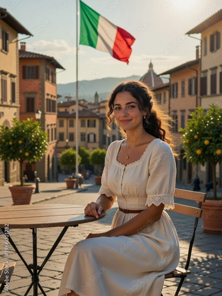 Fototapeta premium A woman in a cream dress smiles in front of an Italian flag in a European square.