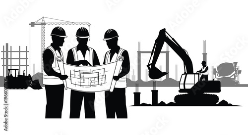 Construction workers reviewing blueprints on a job site with heavy machinery presented in a striking silhouette high quality professional detailed modern