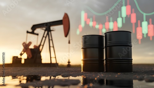 Oil barrels stand near pumpjack with stock market chart overlay at sunset. Crude oil extraction and energy trade analysis. Fossil fuel industry finance