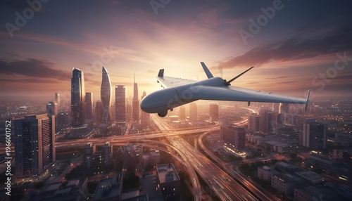 Futuristic Drone Surveillance Over Modern City with Advanced Air Defense System at Sunset