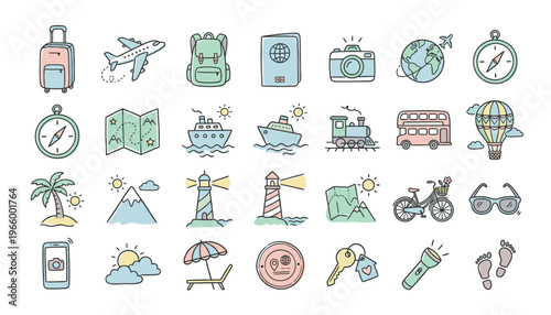 A collection of travel and vacation icons.