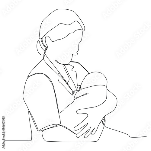 continuous single drawn one line woman in hospital with a newly born child drawn by hand picture silhouette. 
