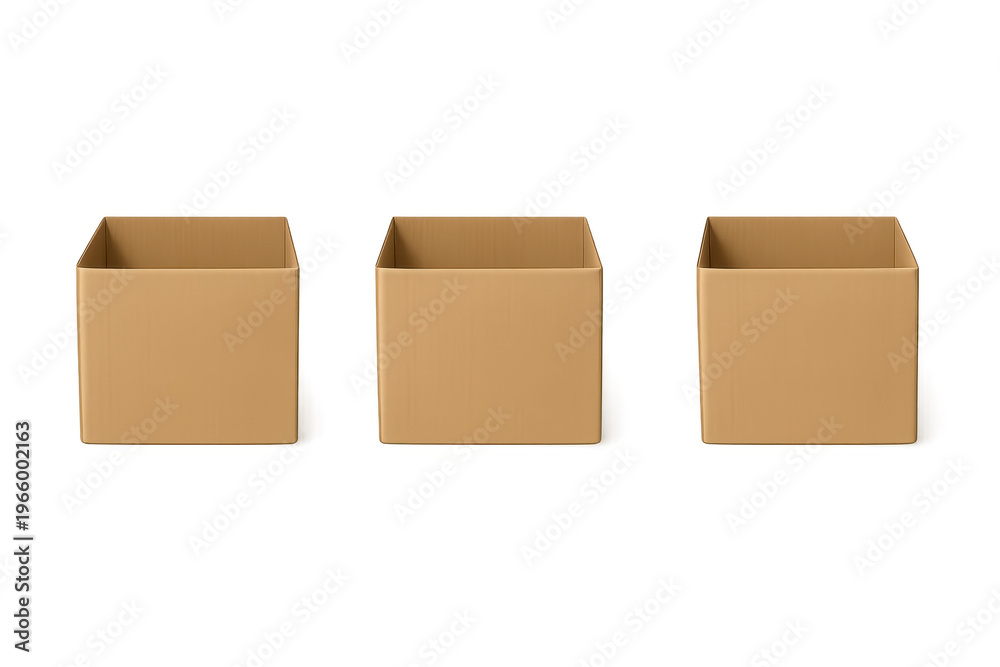 Fototapeta premium Three open cardboard shipping boxes on transparent background