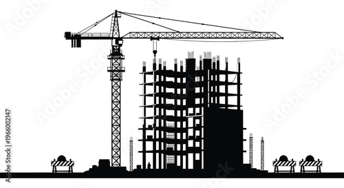 A striking black silhouette depicts a construction site with a crane and unfinished building showcasing urban development silhouette high quality professional